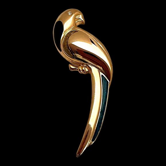 Vintage Jewelry - Vintage 1980s Parrot Brooch Enamel Crystal Eye Gold Tone - 11Y